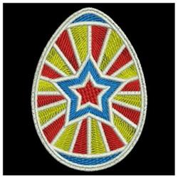 Colorful star pattern egg with red, blue, and yellow radiating lines, perfect for vibrant Easter decor.
