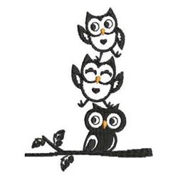 Three playful owls stacked on a branch, with bright orange eyes, in a whimsical black and white style.