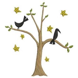 Whimsical tree with light brown trunk, green leaves, black birds, and yellow stars, perfect for playful embroidery.