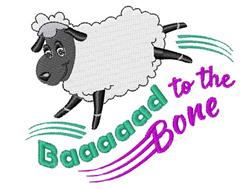 Cartoon sheep with black legs and face, joyfully jumping with whimsical curved lines, captioned 'Baaaaaad to the Bone'.