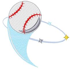 Playful baseball with red stitching in a dynamic pose, surrounded by a light blue swirl and tiny stars.