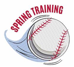 Playful baseball design with red stitching, 'SPRING TRAINING' text, and motion lines, perfect for spring sports.