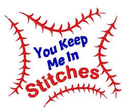Playful text 'You Keep Me In Stitches' in vibrant blue and red with baseball stitching on a white background.