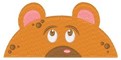 Cartoon bear face with light brown head, large expressive eyes, and pink ears. Playful design for children.