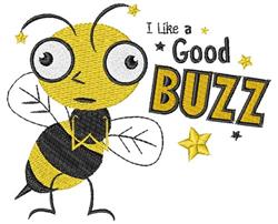 Playful cartoon bee with large eyes and a surprised expression, surrounded by text 'I Like a Good BUZZ' and stars.