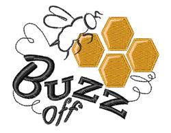 Cute bee in flight with playful 'Buzz Off' text surrounded by warm yellow honeycomb shapes.