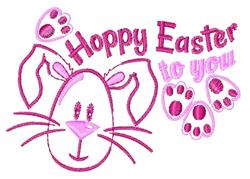 Playful bunny in pink with large ears, surrounded by 'Hoppy Easter to you' text and paw prints, perfect for Easter decor.