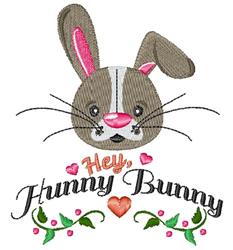 Playful bunny head with pink ears and a cheerful expression, featuring 'Hey, Hunny Bunny' text and floral accents for Easter.