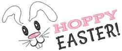Playful bunny rabbit with long ears and smile, featuring 'HOPPY EASTER!' in pink text for a cheerful Easter theme.