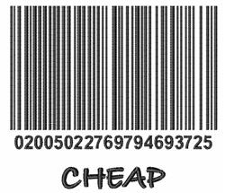 Playful text design showcasing a traditional barcode above the word 'CHEAP' on a white background.