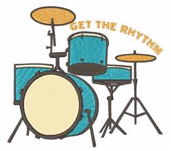Colorful drum set with a cream bass drum, vibrant blue toms, and a bold 'GET THE RHYTHM' text design.