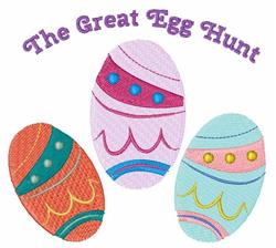 Colorful Easter eggs in pink, orange, and blue with playful patterns and 'The Great Egg Hunt' text for festive celebrations.