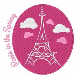 Whimsical Eiffel Tower in white on a pink background, surrounded by fluffy clouds, perfect for spring decor.