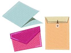 Playful envelope set featuring a light blue, pink with darker outline, and an orange envelope with a tag.