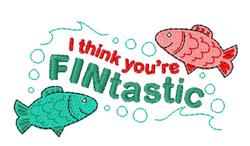Playful design features a green and red fish swimming through bubbles with the pun 'I think you're FINtastic'.