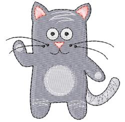 Playful gray cat with pink ears and whiskers, waving with one paw, in a cartoonish style, perfect for kids.