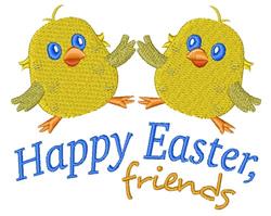 Two yellow chicks with big blue eyes and orange beaks cheerfully facing each other. Perfect for festive Easter decor.