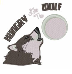 Playful howling wolf in profile with detailed fur and face, bold 'HUNGRY LIKE THE WOLF' text, ideal for casual embroidery.