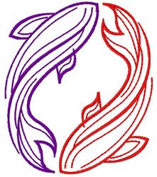 Stylized koi fish in purple and red with flowing lines, elegant design against a white background, perfect for home decor.