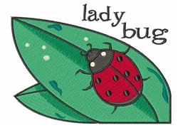 Colorful ladybug applique resting on a green leaf, featuring black spots and a playful font design.