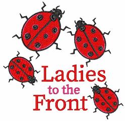 Playful red ladybugs with black spots surround 'Ladies to the Front' text, perfect spring decor.