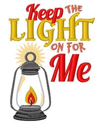 Vintage lantern with a glowing flame and bold, colorful text 'Keep the Light on for Me'.