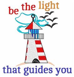 Colorful lighthouse with red and white stripes, blue waves, playful clouds, and birds. Uplifting design.