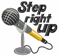 Playful microphone with a shiny metallic finish on a stand, featuring bold text 'Step right up' in vibrant colors.