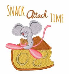 Cartoonish gray mouse joyfully sits on a wedge of yellow cheese, holding a piece, with 'SNACK Attack TIME' above.