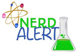Playful science-themed design featuring 'NERD ALERT' in blue with a vibrant green beaker and colorful atom symbol.