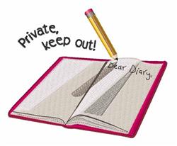 Open diary with a pink cover, a yellow pencil, and playful text reading 'Dear Diary'. Perfect for kids' designs.