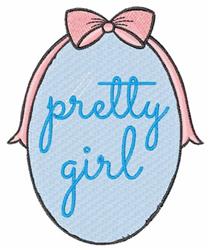 Oval frame with cursive 'pretty girl' text on a light blue background, topped with a playful pink bow.