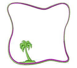 Playful palm tree with a curvy purple frame, featuring vibrant greens and purples, perfect for tropical decor.