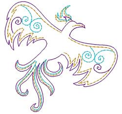 Whimsical phoenix in flight with vibrant colors and intricate swirling designs, showcasing elegant curves.