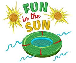 Bright green pool float against blue water waves, with cheerful yellow sun motifs and 'FUN in the SUN' text. Perfect for summ