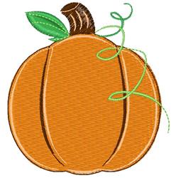 Colorful pumpkin with grooves, green leaf, and curling vine; perfect for fall kitchen towel decor.