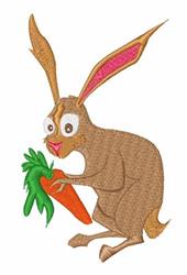 Playful rabbit holding a vibrant carrot, with brown fur and pink ears, perfect for Easter celebrations.