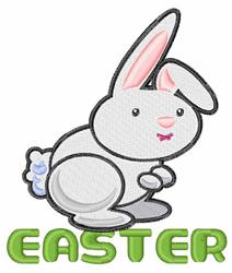Cartoon rabbit with pink accents and blue tail, sporting the word 'EASTER' in green, perfect for festive decor.
