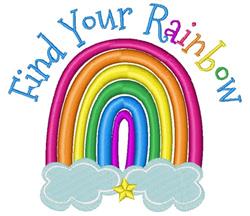 Colorful rainbow with fluffy clouds and the whimsical text 'Find Your Rainbow', perfect for spring.