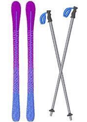 Colorful skis with a striking purple gradient and silver ski poles with blue handles, perfect for winter sports.
