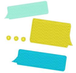 Speech bubbles in aqua, yellow, and cyan with playful dots, offering a clean, modern embroidery design.