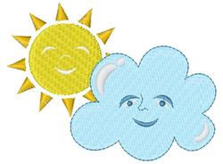 Cheerful yellow sun with a smiling face and rays, next to a friendly blue cloud, perfect for spring.