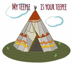 Colorful teepee with vibrant patterns and peaked top, surrounded by soft clouds and green grass.