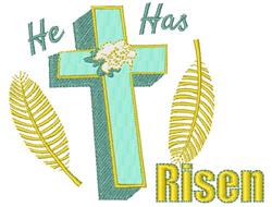 Turquoise cross with vibrant yellow 'He Has Risen' text and green leaves, perfect for colorful Easter celebrations.