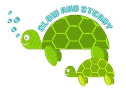 Playful cartoon turtles in vibrant green with hexagonal shells, bubbles above, and 'SLOW AND STEADY' text.