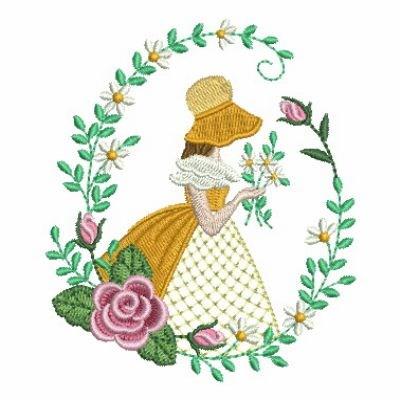 Beautiful Framed Old Hand Embroidered - Crinoline Lady