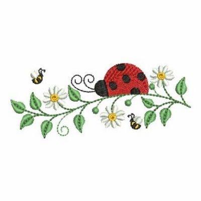 Flower with Ladybug Applique Machine Embroidery, Sweet Stitch Design