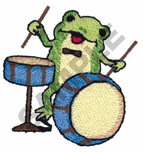 Frog playing store drums