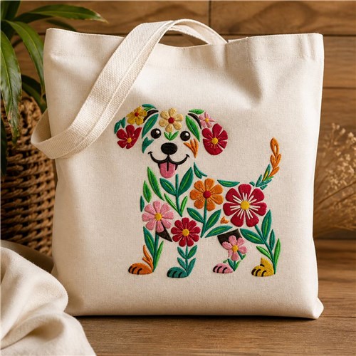 Floral Puppy Dog Design – Folk Art Flower Dog Portrait, Pet Lover Gift & Botanical Animal Embroidery Design