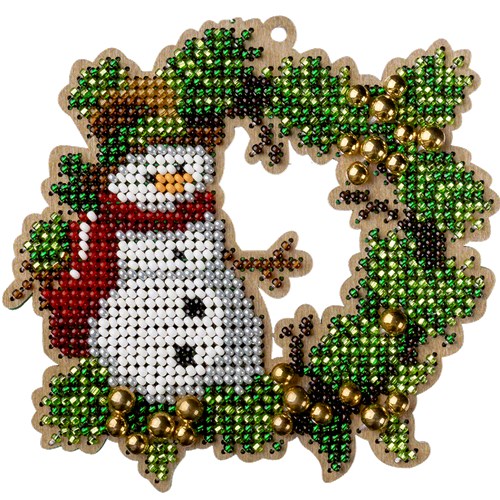 Snowman Bead Embroidery On Wood
